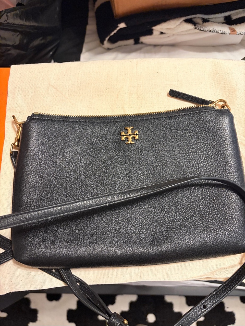 Tory Burch Black Pebbled Leather Crossbody with Gold Logo